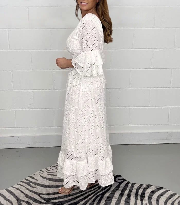 Embroidery Anglaise Frill Sleeve Midi Dress(Buy 2 Get Free Shipping)