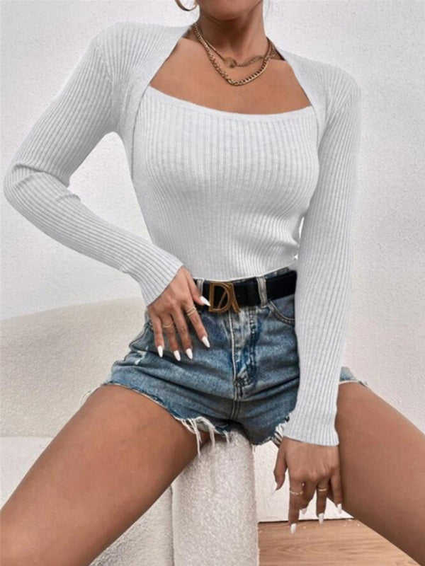Slim Long Sleeve knitted Square Neckline Tops